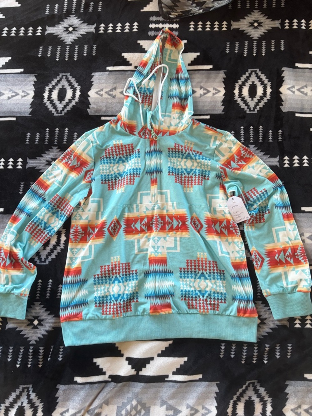 Turquoise Aztec Print Hoodie